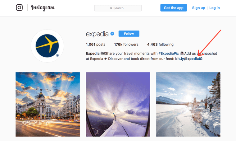 Expedia Instagram profile with a bit.ly link