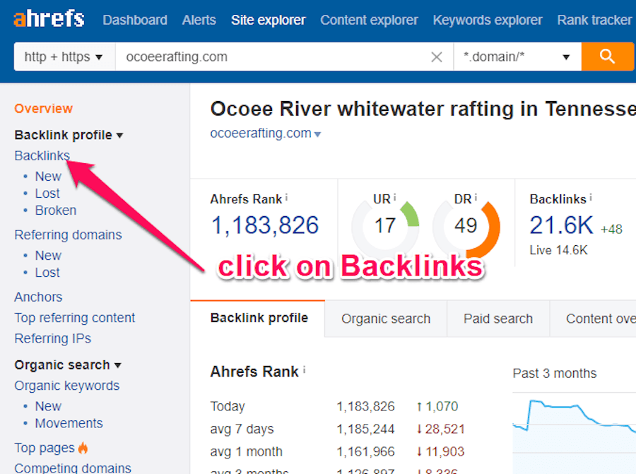 Screenshot of the Ocoeerafting.com results page with an arrow pointing to the sidebar where you can click 'Backlinks'