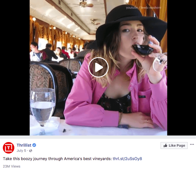 Screenshot of the post by Thrillist showing a video of a woman drinking wine with the caption 'Take this boozy journey through America's best vineyards'