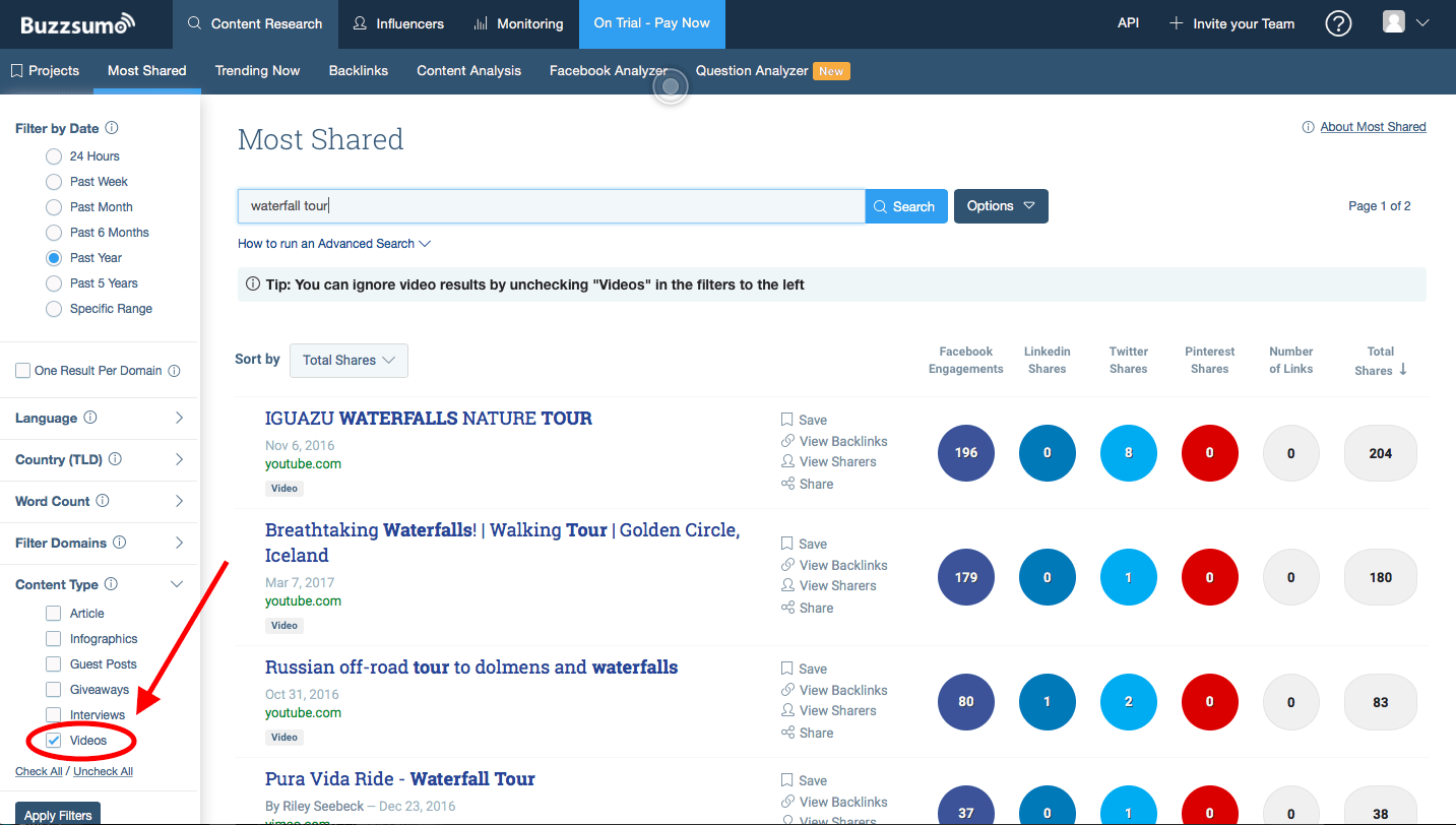 Screenshot of the Buzzsumo search results from earlier with a circle and an arrow pointing to the section on the 'content type' filter