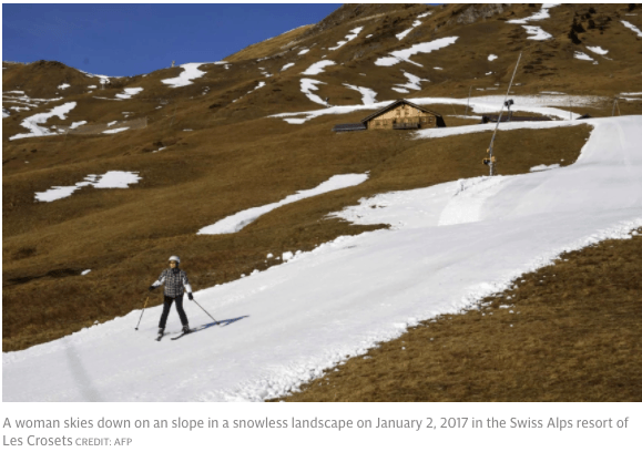 Caption: A woman skies down a slope in a snowless landscape on January 2, 2017 in the Swiss Alps resort of Les Crosets. Credit: AFP