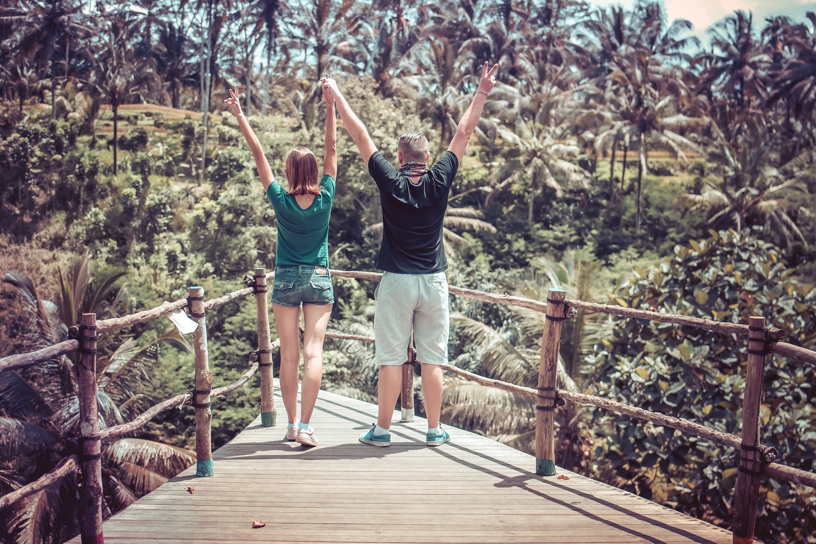 Couple holding hands with arms outstretched over their heads looking at a forest of palm trees