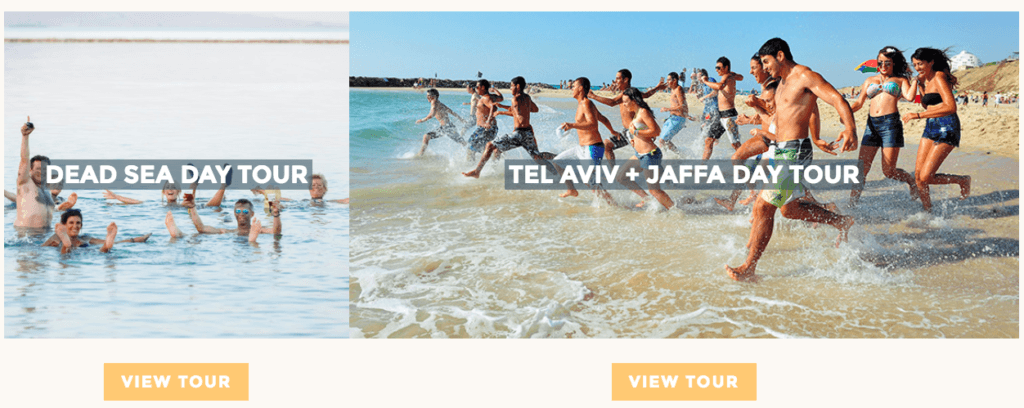 Shin Tours flexi card images of the 'Dead Sea Day Tour' and 'Tel Aviv + Jaffa Day Tour'