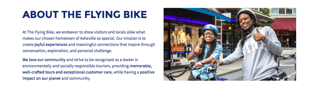 About page for The Flying Bike with a description of the company's mission