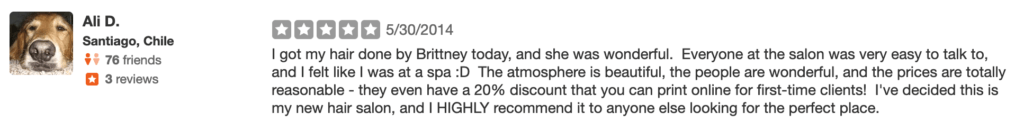Yelp Review Written for a Hair Salon