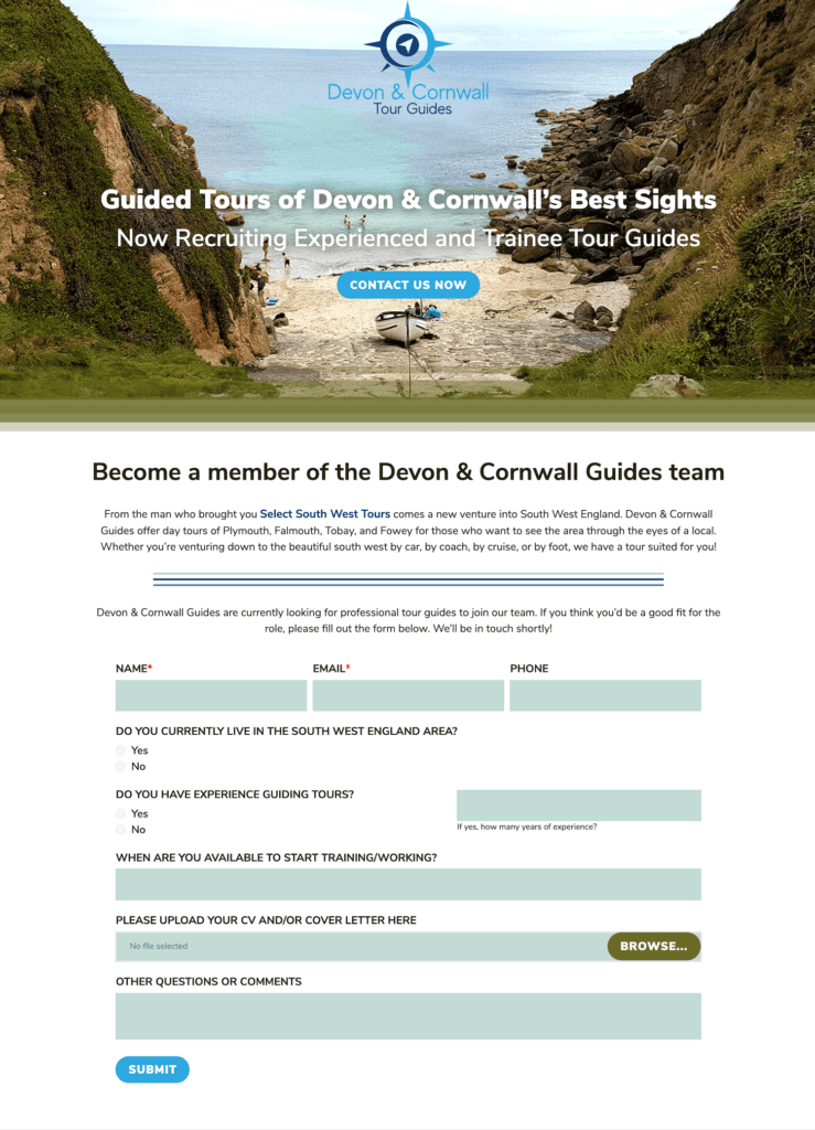 Splash Page Featuring Job Openings at Devon & Cornwall Guides