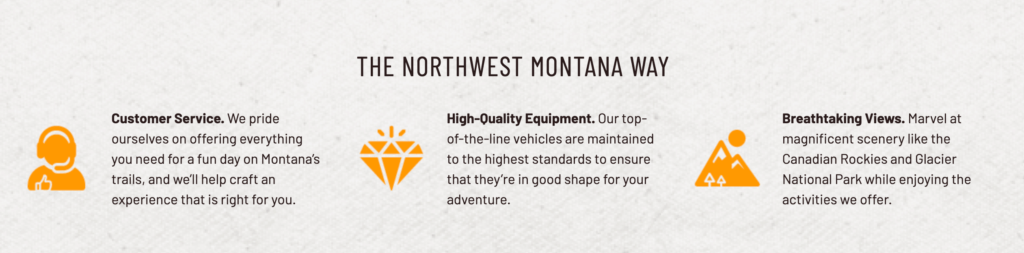 Three USPs for Northwest Montana Adventures including "Customer Service"