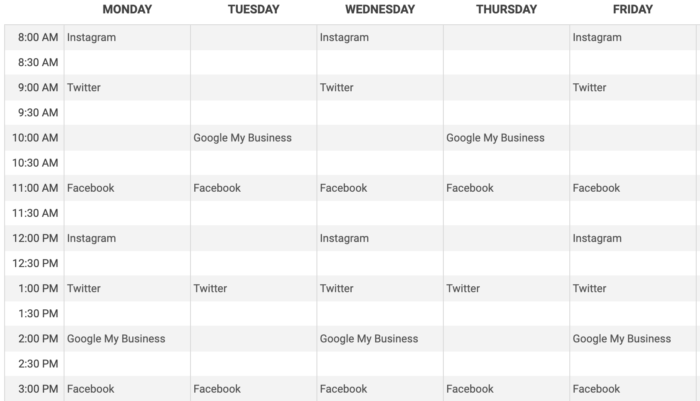 An example of an editorial calendar with the heading Monday through Friday and the times listed down the side from 8am to 3pm. Social media platforms are listed at various dates and times to indicate when someone may choose to post.