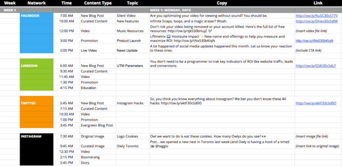 An example editorial calendar including the week, social media network, times of day, content type, topic, copy, and link. It is filled with examples from Hootsuite.