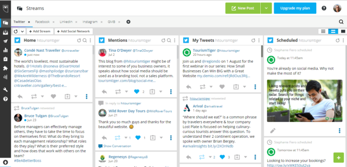 An overview of Tourism Tiger’s Twitter stream on Hootsuite, featuring columns for “Home”, “Mentions”, “My Tweets”, and “Scheduled”.