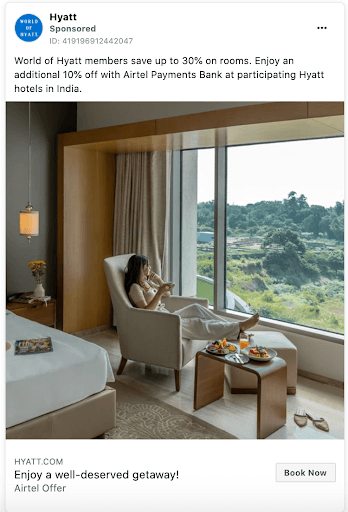Hyatt loyalty discount ad with person relaxing in lounge chair
