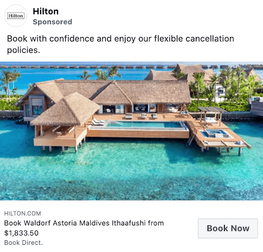 Hilton ad of tropical location offering flexibility and book now button
