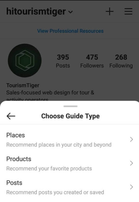 Menu options for types of Instagram Guides