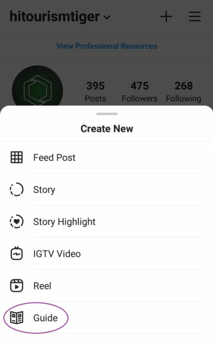Instagram menu to create Guide