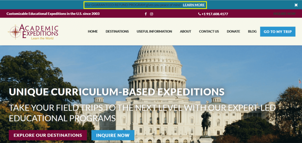 Academic Expeditions Hompage with refund garantee banner highlighted