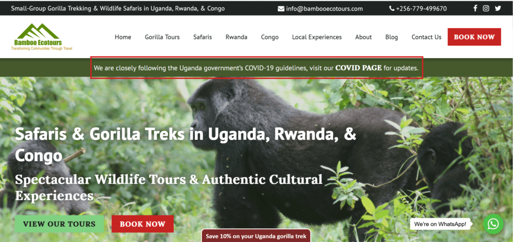 Home page of Bamboo Ecotours with Covid banner highlighted